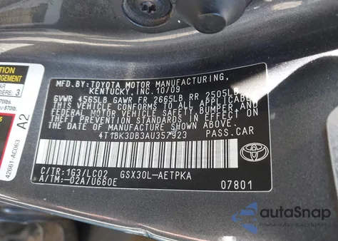 2010 Toyota Avalon Limited from USA, damaged, VIN 4T1BK3DB3AU357923